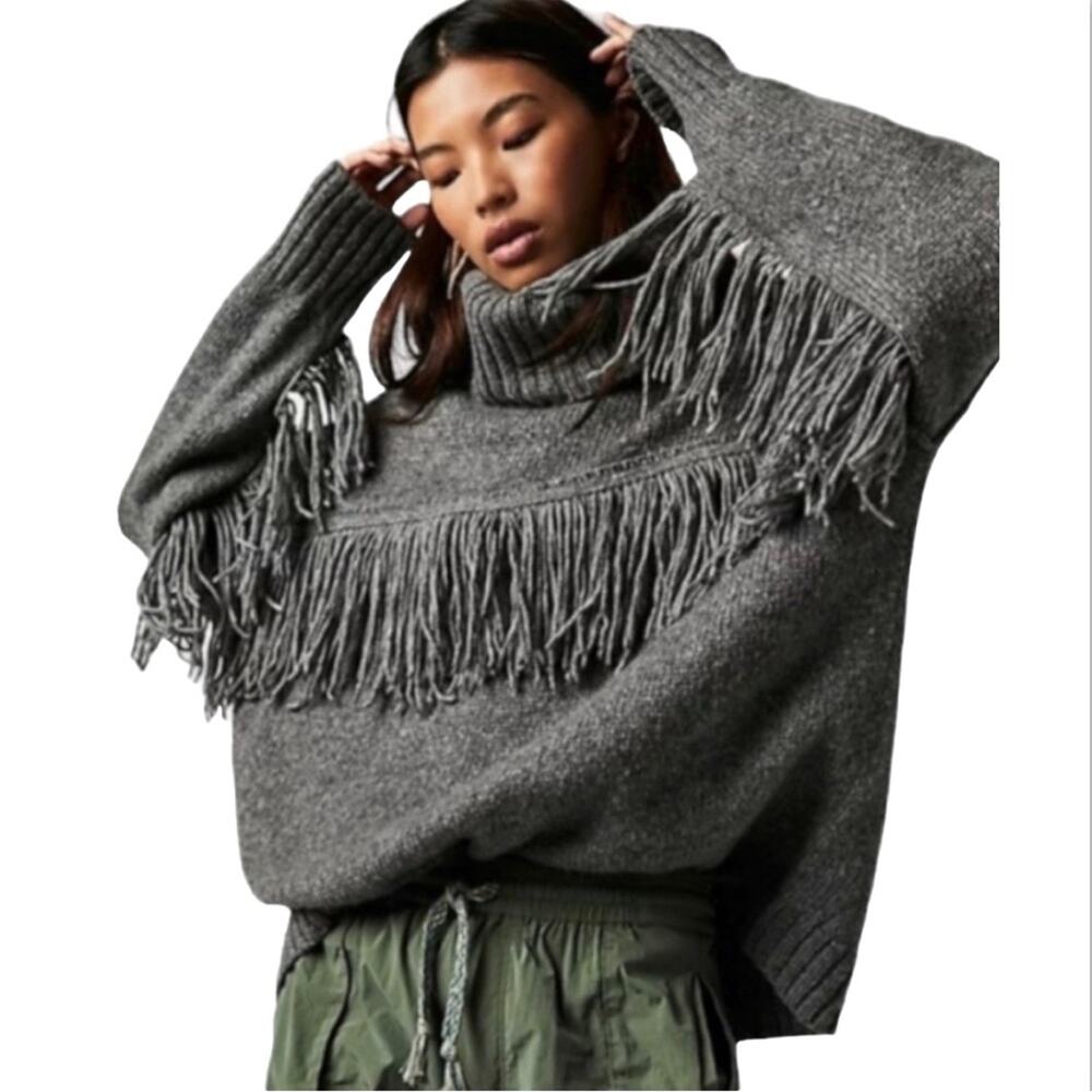 Free People Glacier Fringe Gray Turtleneck Sweater XS  Oversized Cozy Knit Boho